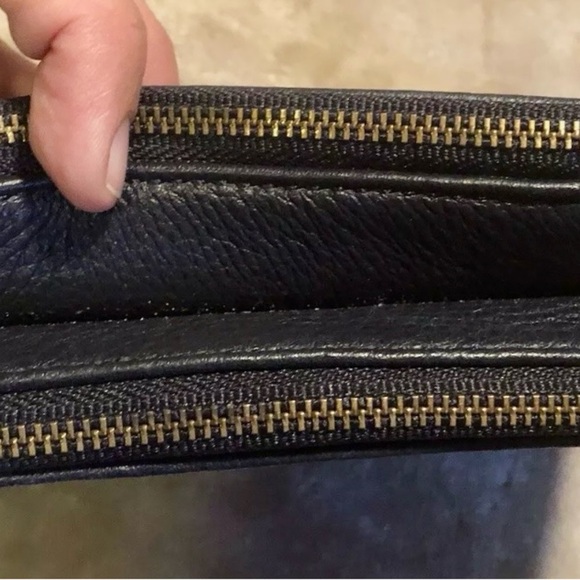 Talbot Double Zip Navy Blue Pebble Leather Wristlet Handbag Clutch - Picture 4 of 5